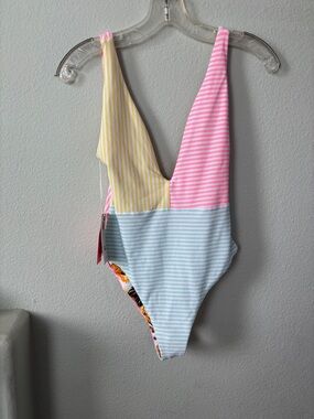 Maaji Pink, Yellow & Light Blue Ribbed One-Piece Swimsuit